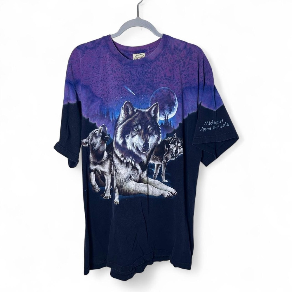Habitat Michigan's Upper Peninsula Wolf T-Shirt with graphic wolves under a moon